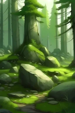 Draw me a spruce forest with mossy stones