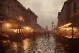 Small medieval fantasy town, rainy, street lights, market, tavern