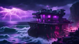 outpost on a cliff overlooking the stormy seas, nighttime, storms, purple light in the windows, cyberpunk style, video game scene, hyperrealistic, hyperdetailed, Unreal Engine, 8k