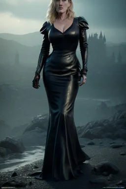 Kate Winslet as evil queen in black leather gown, cleavage, angry, stern look, unreal 5, octane render,cinema4d, dynamic lighting, dramatic lighting, 4k, redshift render, highly detailed, hyper realistic