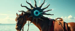floating creature with a central eye and ten eyestalks, each capable of firing magical rays according to the Monster Wikit on horse in a lagoon beach, goa folk electronica trance, latin breaks, , indian vibes, fsol, close up portrait
