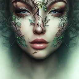 Queen Girl full face tattoo of leaves and gnarled branches extending past face and morphing into reality, color tattoo, 8k resolution, high-quality, fine-detail, intricate, digital art, detailed matte, volumetric lighting, illustration, octane render