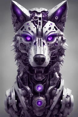 A mechanical wolf with purple eyes