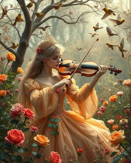 Gorgeous Photography Beautiful Princess playing violinist in Wild garden,flower,birds surrounding,fractal ornamentation, over detailed, gloriously full and confusing, nothing that really exists, everything made up, fantasy world, sweet briar, photography graphic art, song birds, ochre rose,rose buds, dewy morning, forest of oaks