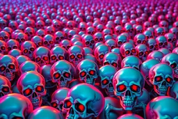 a field of 1000s of cartoonish, anatomically correct, skulls, vivid RANDOM BRIGHT neon colors, dark comedy, well lit, high detail, photorealistic, horrorcore, fun, scary, none featured, each a different color or hue,