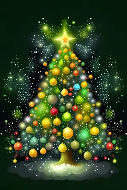 Drawing of beautifully decorated Christmas tree with ornaments, lights, and a shining star on top