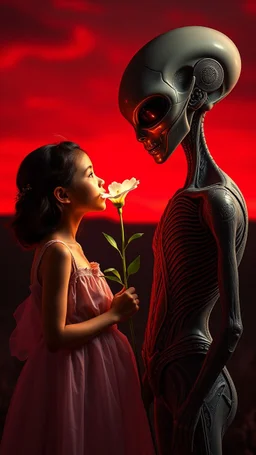 A beautiful girl standing in front of an alien, who is giving her a a beautiful white flower in romantic themes background is a vivid red sky, and the lighting creates a dramatic and otherworldly atmosphere