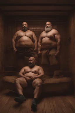 full body shot photography, two muscular chubby ugly burly marocan men , sweat, bulge, masculine hairy 45 year old man, bald, manly chest, curly beard ,big shoulders, big arms, big legs, bulge,, ambient occlusion , lying down sleeping in a steamy Sauna, super high resolution, 8k, dim light, side light, ultra hyper realistic, frontal view