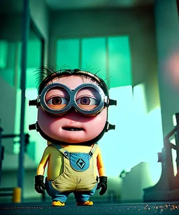 Minion toddler, cyberpunk, full body, floral shirt, dramatic lighting, hyper realistic