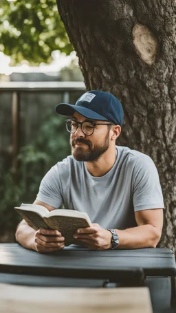 A man wearing a white Dad Hat, wearing glasses, and reading with a tree behind him, high resolution