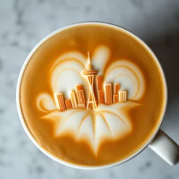 close up top-down view of a latte with a maximal complex Seattle city skyline formed in the milky foam, fantastical, professional photography, looks like an advertising campaign photo, delicious