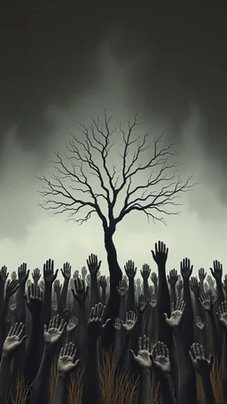 a field of thousands men with hands are up rising up from the ground not visible, horror, hands in different shapes coming out from the ground towards the sky Busch painting style nightmare and thin line draw, a dry tree with out branches in the middle