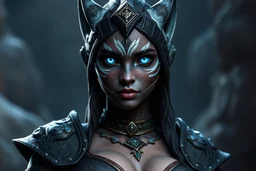 character art of a 20-year-old female Elder-Scrolls-Online-Style Khajiit, glowing blue eyes, She has a curvy body. The artwork is in high-resolution CGI, 4K quality, showcasing high detail and a cinematic look.