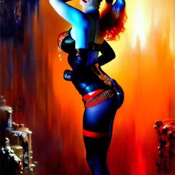 Drawing of beautiful face,'beautiful booty ,Busty Harley Quinn',intense stare, ancient skintight armor, balanciaga fashion clothe painting by gaston bussiere, greg rutkowski, yoji shinkawa, yoshitaka amano, tsutomu nihei, donato giancola, tim hildebrandt, Oil on canvas, cinematic composition, extreme detail,fit full head inside picture,16k