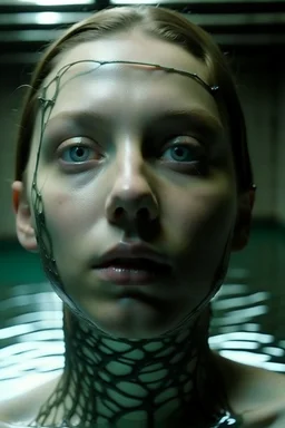 20 year old woman, sunken face, (A Cure for Wellness style, full figure