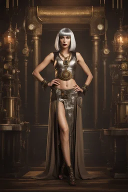 Creation: full body and headshot of a skinny Cleopatra, with a silver bob hairstyle, standing in a steampunk setting.