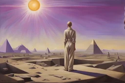 Romanticist realism oil painting of a totalitarian citizen woman bald in a beige uniform jumpsuit and bootsstanding on a battlefield hill with purple flag banner and bright sun and concrete brutalist pyramid