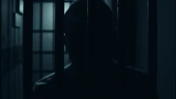 close up parallel prison window bars in foreground, hidden dark human face partially visible through the window bars, pale light, dark prison cell behind them,, shadows in background, ultra realistic, dark atmosphere, high contrast shadows, dark vibe