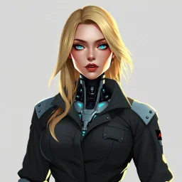 an intelligent blonde woman wearing jumpsuit, robotic neck and chest, digital art, stylised