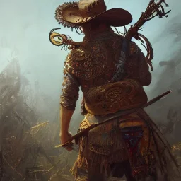 Insanely detailed photograph of an “ a mustachioed cowboy warrior ” with detailed Sombrero, intricate charo,cigar,crossbow in hand, hyperdetailed painting by Ismail Inceoglu Huang Guangjian and Dan Witz CGSociety ZBrush Central fantasy art album cover art,8K, hdr, mysterious, flickeringlights ,Stoic