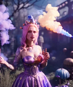 Ultra realistic wonderland photo, happy blonde woman smoking a shisha, blue dress, big purple-cat friend, circus dress style, old school tattoo, smoke, marijuana garden, glow eyes, perfect iris, soft color, highly detailed, unreal engine 5, cinematic, ultra detail, volumetric lighting, high definition.