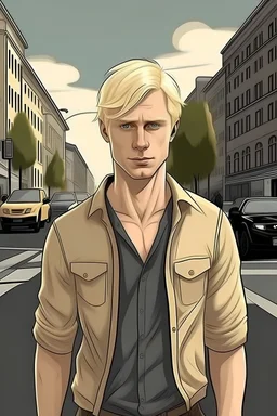 a realistic style blond man in the middle of the street