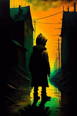 A surreal homeless child wander in the style of Zdzislaw Beksinski, and Yves Tanguy, , dark luminous colors and aesthetic.