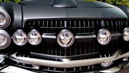 Photograph of a the front grill of a gorgeous, expensive, oldschool black muscle car with a big, black front grill, realistic, stylish, taken up close from the front of the car.