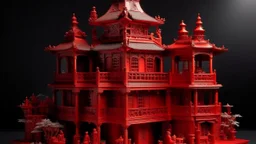 A dark scarlet red frantic factory with furnaces designed in Chinese paper art painted by Peter Carl Faberge