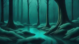realistic teal forest background wallpaper