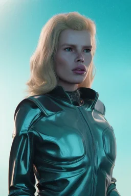 Ultra Realistic retro sci-fi scene, waist up view portrait, blonde woman, sweet young Kim Basinger face, perfect iris, glow eyes, makeup. Saturn background, Retro sci-fi style, helmet, tight latex coat, fog, rain, soft color, highly detailed, unreal engine 5, ray tracing, RTX, lumen lighting, ultra detail, volumetric lighting, 3d, finely drawn, high definition, high resolution.