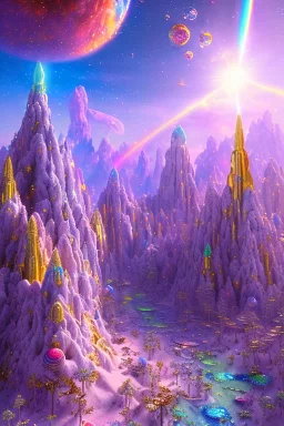 cascades of multicolored crystals, blue sky, cosmic and galactic ambiance, full of details, smooth, bright sunshine，soft light atmosphere, light effect，vaporwave colorful, concept art, smooth, extremely sharp detail, finely tuned detail, ultra high definition, 8 k, unreal engine 5, ultra sharp focus