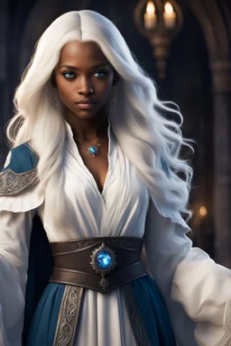 young sorceress sixteen years old, dark skin, blue eyes and long snow white hair