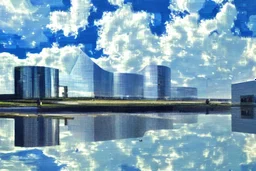 Sunny day, clouds, futuristic buildings, water reflections, sci-fi, tendency to impressionism, realistic painting