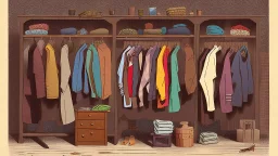 fantasy cartoon illustration: a cabinet full of new clothes for men in the 19th century