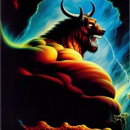 portrait oil on canvas,'the beast that ascendeth out of the bottomless pit',comic book cover, mystical colors,insanely detailed,realistic,intrincate detail, 16k resolution, masterpiece,Simon Bisley,Frank Frazetta,Alex Horley,ARTHUR ADAMS