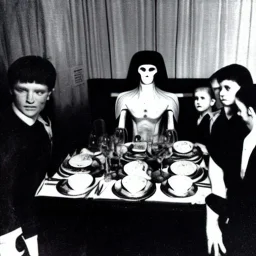 Creepy old photo of giger alien people sitting at dinner with weird children