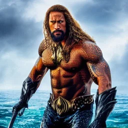 Fantasy, Dwayne Johnson as Aquaman, heroic, award winning, insanely detailed, sunlit, realistic, ocean,acrylic paint, 8k resolution, hdr, trident