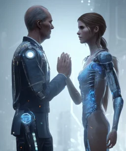 detroit become human, two people looking at each other¨, giving hand , sci-fi fantasy style, volumetric lighting, particales,highly detailed,cinamatic, deep colours,8k.