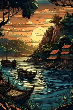 labuan bajo in vector art style, 3 colour, detailed and intricated objects, comic book style, editorial illustration, digital painting, dramatic lighting