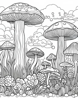 coloring page of mushroom world landscape, use clean lines and leave plenty of white space for coloring, simple line art, clean and minimalistic line