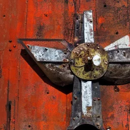 an abstract painting of rusted metal and flowers, sun set shinny mirror baby, rust, scaffolding, iron cladding, decay, mixed media, textured, anatomically correct, beautiful perfect face, sharp focus, highly detailed