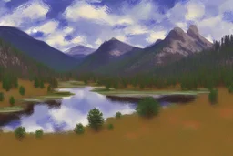 Rocky Mountain National Park landscape scene in the style of Claude Monet Modifiers: Landscape Claude Monet Panoramic View Impressionism School French Impressionists