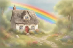 A special afternoon with a little cottage where the light twinkles and a fairy rests and a rainbow