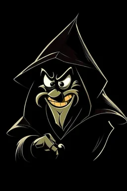 1980s goofy character of a pirate wearing a black hooded cloak, inside a lighter diamond shape on a black background, monochromatic