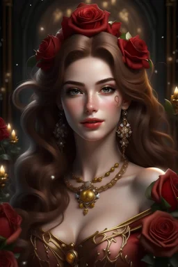 Generate me a photo of a queen with tan skin, long chestnut hair and stormy grey eyes. She has a red dress that fades into a white with roses all over it. She wears roses as earrings, she has a golden locket around her neck and the jewels on it are shaped like roses. She also has a golden tiara with gems shaped like roses.