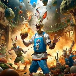 victory portrait of crazy cook army officer playing basketball inside grove with fluffy hare with mutations getting blasted by explosion, 4 k, down-light, soft light, depth of field, photo realism, trending on art station, high detail, spray paint