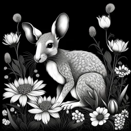 colorless wallaroo between seeds and big flowers black background .black and white colors. for a coloring. with grayscale