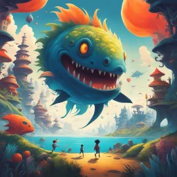 In a vivid, otherworldly landscape, a mischievous boy with wild hair, wielding a torch, strides past quirky monsters and peculiar structures. To his left, a giant, toothy fish-creature looms large, while various bizarre beings, both airborne and grounded, populate the intricate scene. A floating island holds whimsical buildings, and a looming tree casts shadows, framing the fantastical setting.