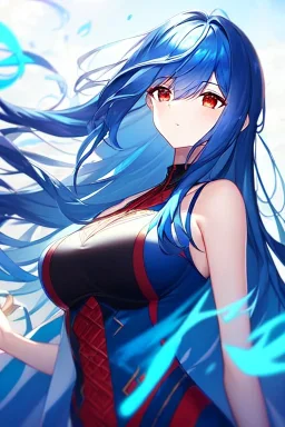 girl, masterpiece, best quality, cinematic lighting, detailed outfit, vibrant colors, perfect eyes, long hair, blue hair, red eyes, wind,